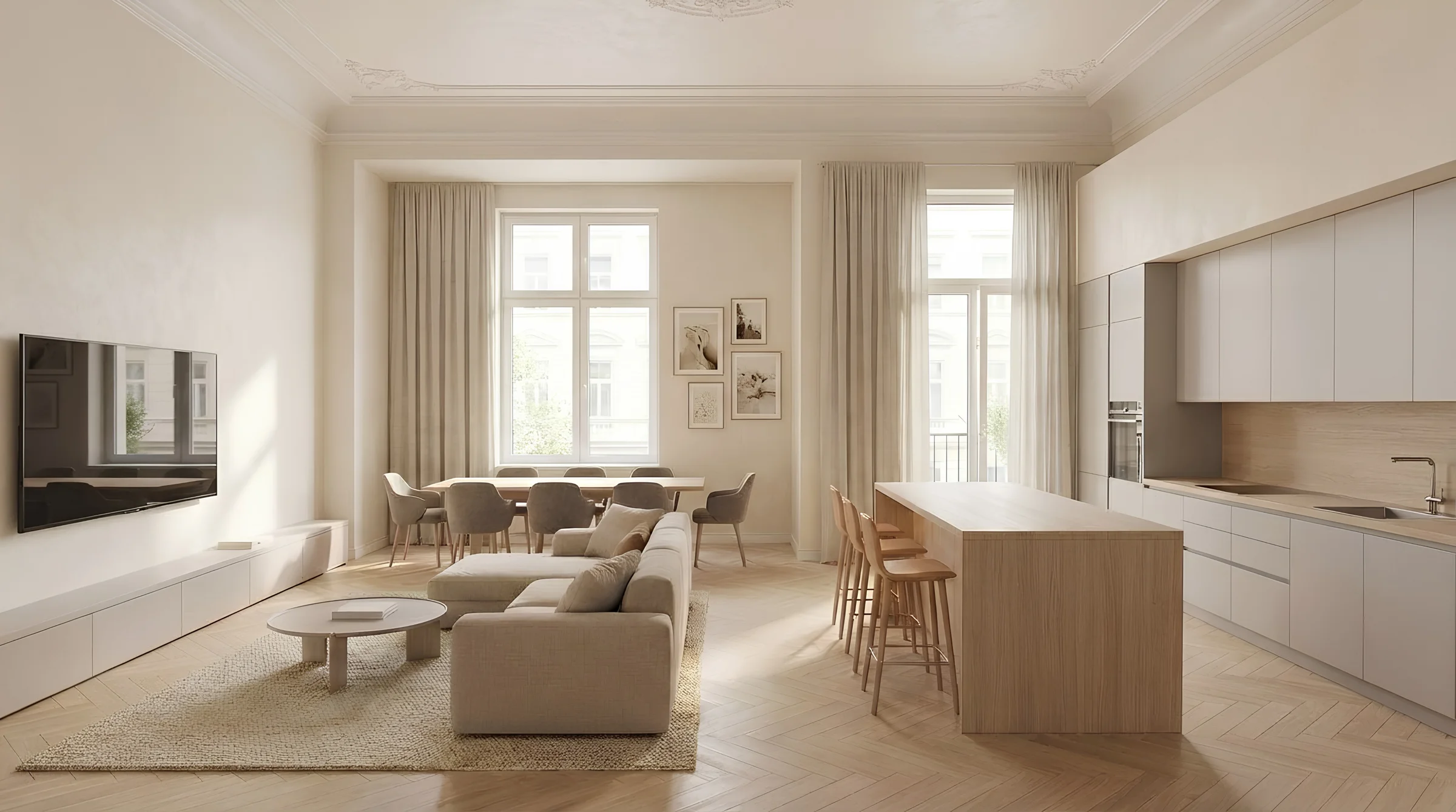 Wohnbereich LIVIO – lichtdurchfluteter Altbau mit Eichenparkett