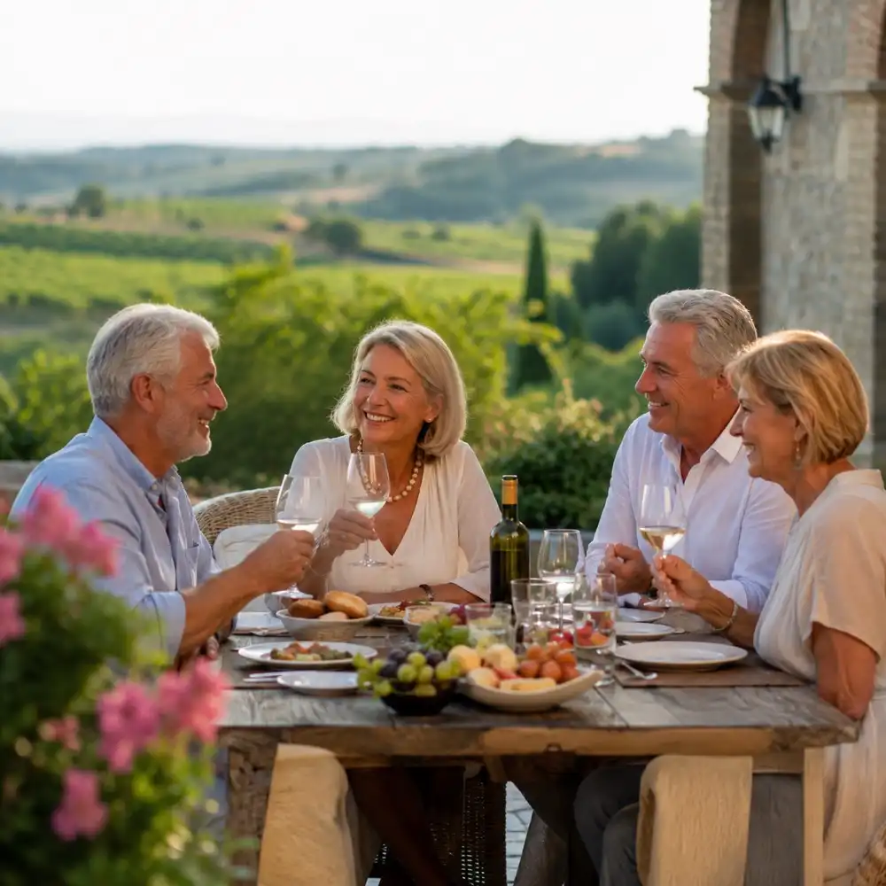 Geselliges Abendessen im Freien mit Wein in Ungarn