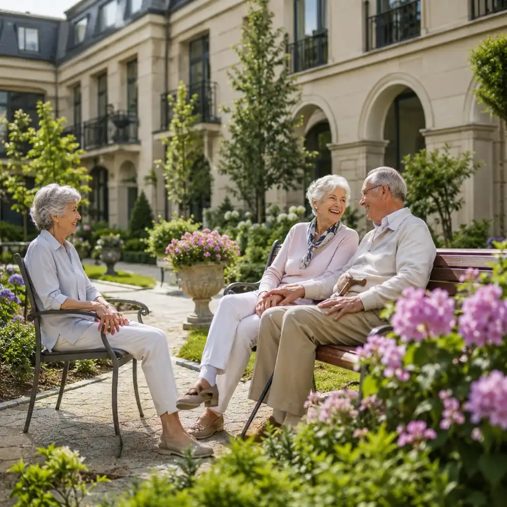 Senioren entspannen im Garten einer Wohnanlage