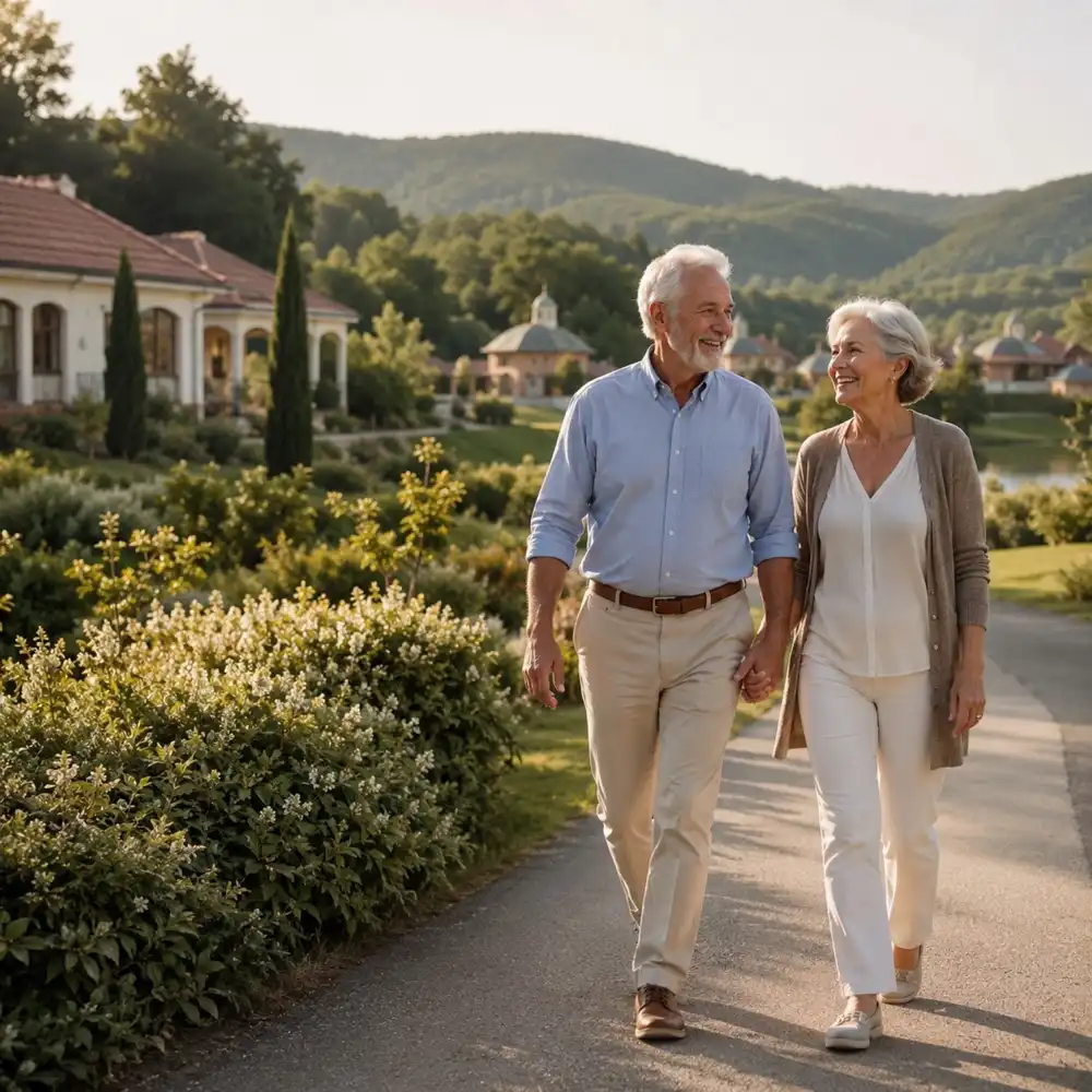 Paar spaziert Hand in Hand durch ungarische Landschaft